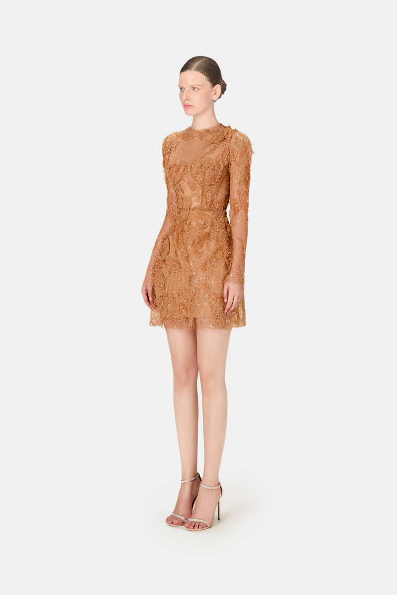 Honey beaded lace mini dress by Montsand featuring intricate beadwork and delicate lace fabric, perfect for stylish occasions.