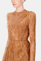 Montsand honey beaded lace mini dress featuring intricate beadwork and delicate lace details, perfect for stylish occasions.