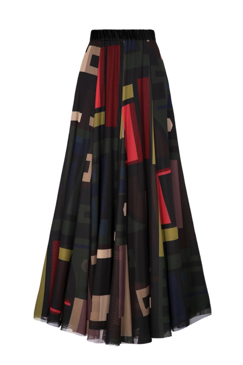 Back view of Balkanica Huari tulle maxi skirt in vibrant multicolor with flowing layers and a comfortable waistband.