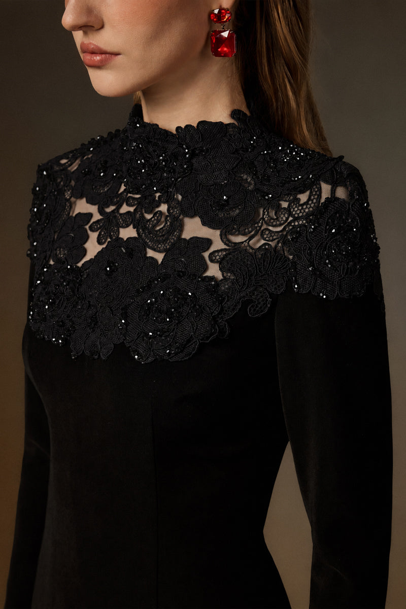 Black crystal-embellished lace column gown by I.H.F featuring intricate lace details and a sleek, elegant silhouette.