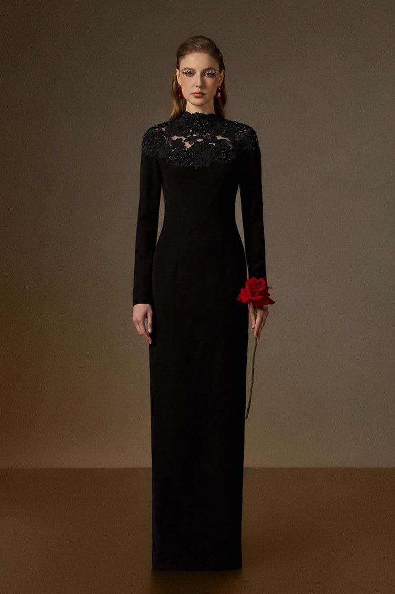 Black crystal-embellished lace column gown by I.H.F, featuring elegant design and intricate lace details.