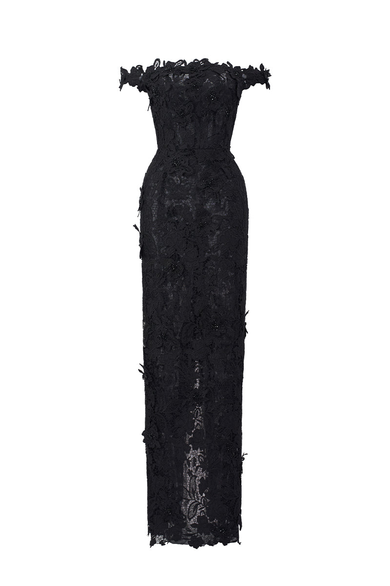 OFF-SHOULDER FLORAL LACE COLUMN DRESS IN BLACK - CULT MIA