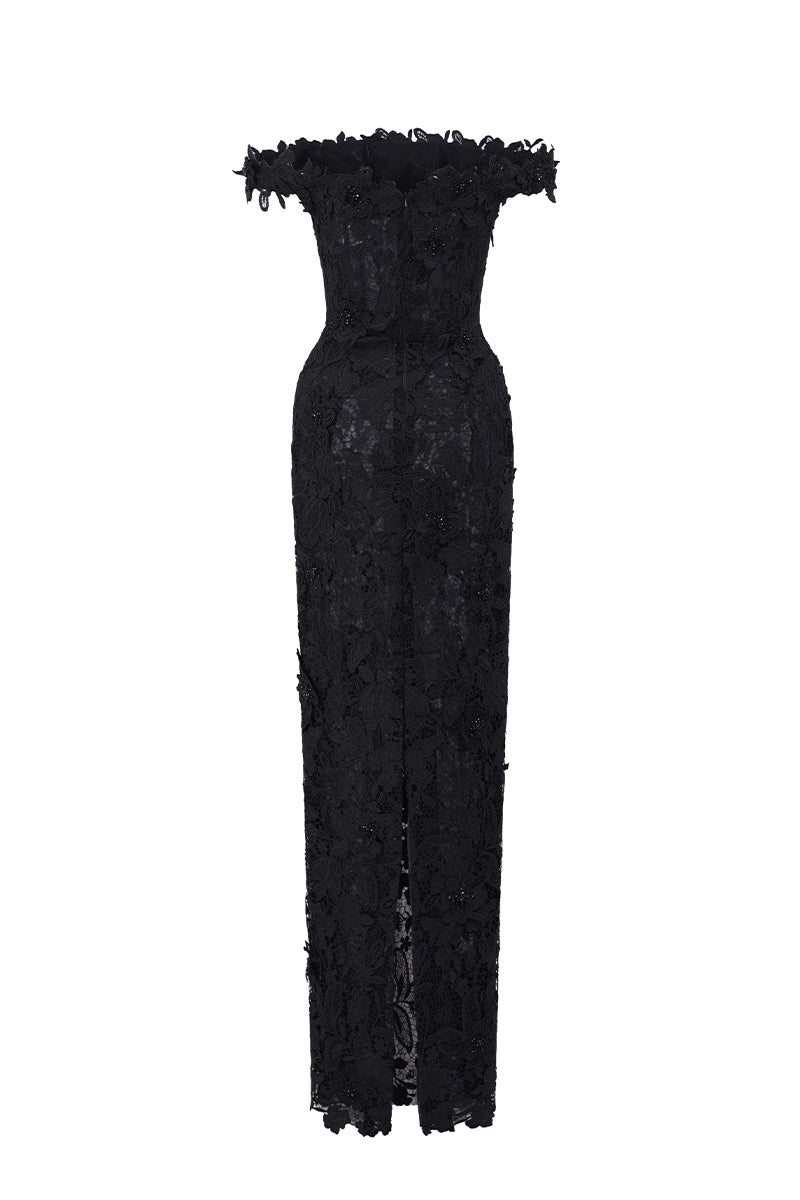 OFF-SHOULDER FLORAL LACE COLUMN DRESS IN BLACK | CULT MIA | I.H.F Studio OFF-SHOULDER FLORAL LACE COLUMN DRESS IN BLACK | CULT MIA | I.H.F Studio