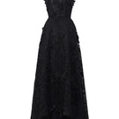 Black pearl-embellished floral lace A-line gown by I.H.F Studio, featuring intricate lace and elegant floral details.