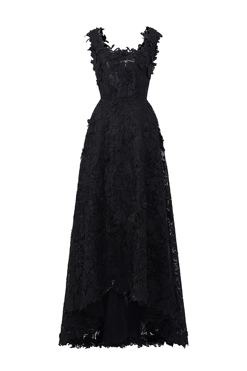 PEARL EMBELLISHED FLORAL LACE A-LINE DRESS IN BLACK - CULT MIA