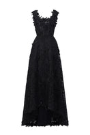 Black pearl-embellished floral lace A-line gown by I.H.F Studio, featuring intricate lace and elegant floral details.