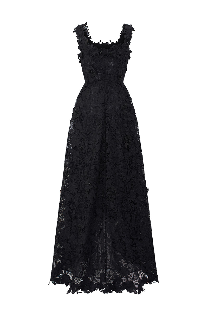 PEARL EMBELLISHED FLORAL LACE A-LINE DRESS IN BLACK - CULT MIA