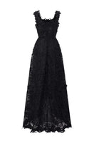 Black pearl-embellished floral lace A-line gown by I.H.F Studio with intricate lace details and elegant silhouette.