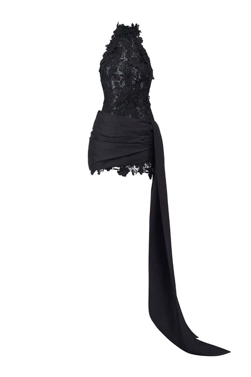 FLORAL LACE HALTER MINI DRESS IN BLACK - CULT MIA