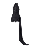 Black floral lace halter mini dress by I.H.F Studio, showcasing intricate lace details and a stylish halter neckline.