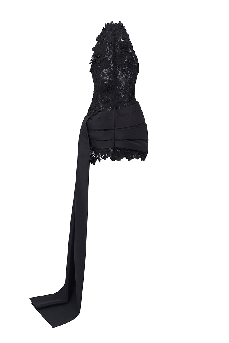 FLORAL LACE HALTER MINI DRESS IN BLACK - CULT MIA