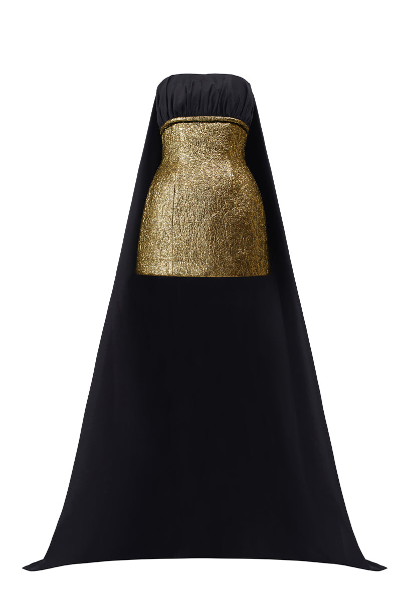 JACQUARD BUSTIER MINI DRESS WITH TRAIN IN GOLD - CULT MIA