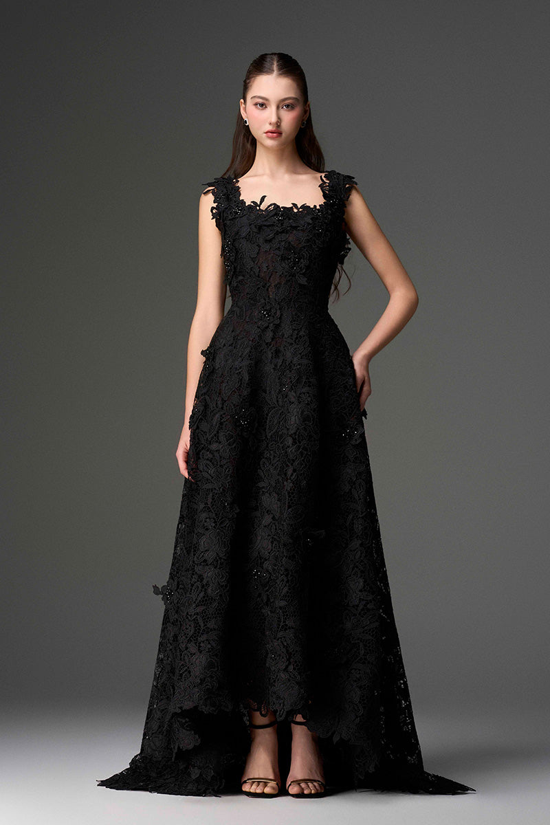 PEARL EMBELLISHED FLORAL LACE A-LINE DRESS IN BLACK - CULT MIA