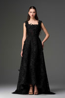 Black pearl-embellished floral lace A-line gown from I.H.F Studio, featuring intricate lace and elegant floral design.