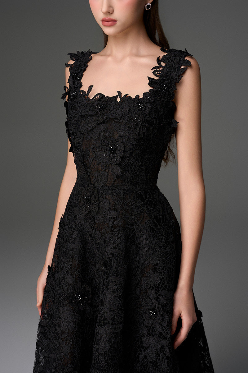 PEARL EMBELLISHED FLORAL LACE A-LINE DRESS IN BLACK - CULT MIA