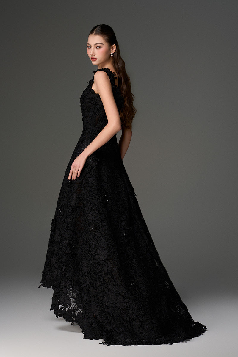 PEARL EMBELLISHED FLORAL LACE A-LINE DRESS IN BLACK - CULT MIA