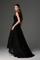 Black A-line gown with pearl-embellished floral lace design by I.H.F Studio, showcasing intricate lace and elegant silhouette.
