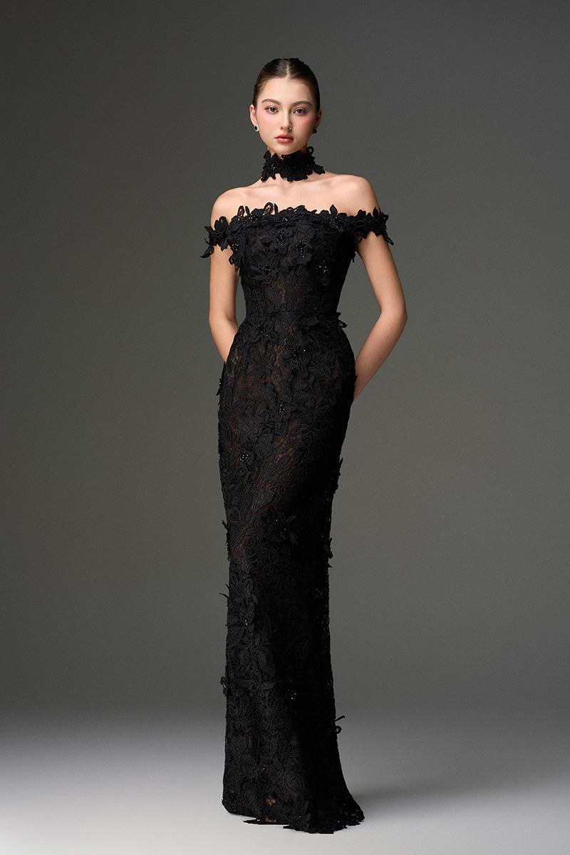 OFF-SHOULDER FLORAL LACE COLUMN DRESS IN BLACK