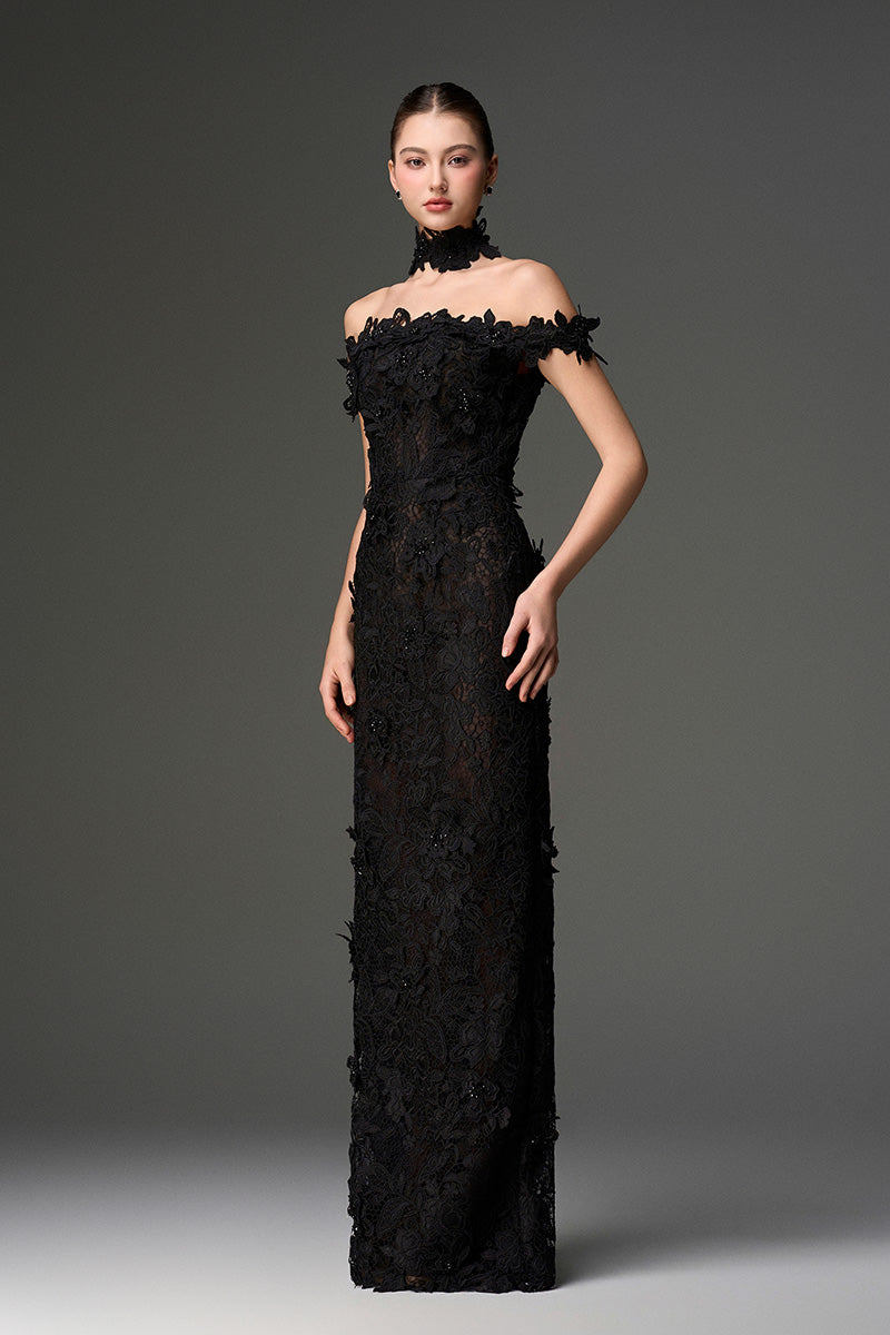 OFF-SHOULDER FLORAL LACE COLUMN DRESS IN BLACK | CULT MIA | I.H.F Studio OFF-SHOULDER FLORAL LACE COLUMN DRESS IN BLACK | CULT MIA | I.H.F Studio