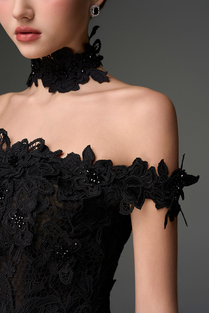 OFF-SHOULDER FLORAL LACE COLUMN DRESS IN BLACK | CULT MIA | I.H.F Studio OFF-SHOULDER FLORAL LACE COLUMN DRESS IN BLACK | CULT MIA | I.H.F Studio