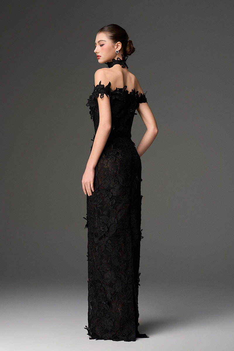 OFF-SHOULDER FLORAL LACE COLUMN DRESS IN BLACK | CULT MIA | I.H.F Studio OFF-SHOULDER FLORAL LACE COLUMN DRESS IN BLACK | CULT MIA | I.H.F Studio