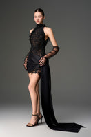 Black floral lace halter mini dress by I.H.F Studio, featuring delicate lace details and a stylish halter neckline.