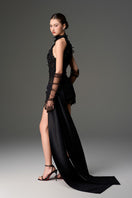 Black floral lace halter mini dress by I.H.F Studio, showing intricate lace details and flattering halter neckline.