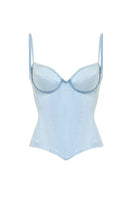 Blue candy corset top by IKINITA featuring a fitted design and bold style, shown on a mannequin.