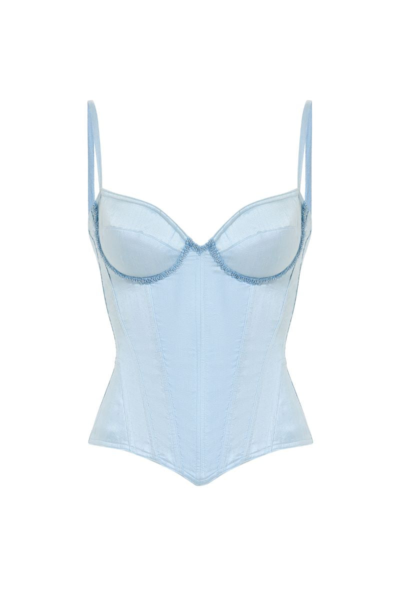 Blue candy corset top by IKINITA featuring a fitted design and bold style, shown on a mannequin.