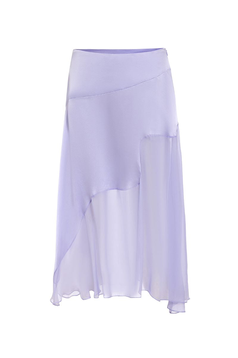IKINITA Nausica lilac midi skirt with flowy fabric and elegant design, displayed on a mannequin.