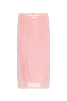 Pink midi skirt from IKINITA's Sunrise Skirt collection, featuring flowing fabric and stylish design.