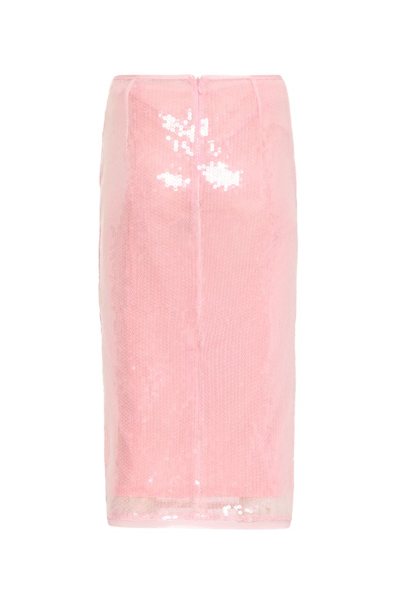 Pink midi skirt from IKINITA's Sunrise collection, featuring a flowing design and comfortable fit, perfect for casual or dressy wear.