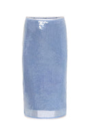 Blue water-themed midi skirt by IKINITA featuring flowing fabric and a stylish, modern design.