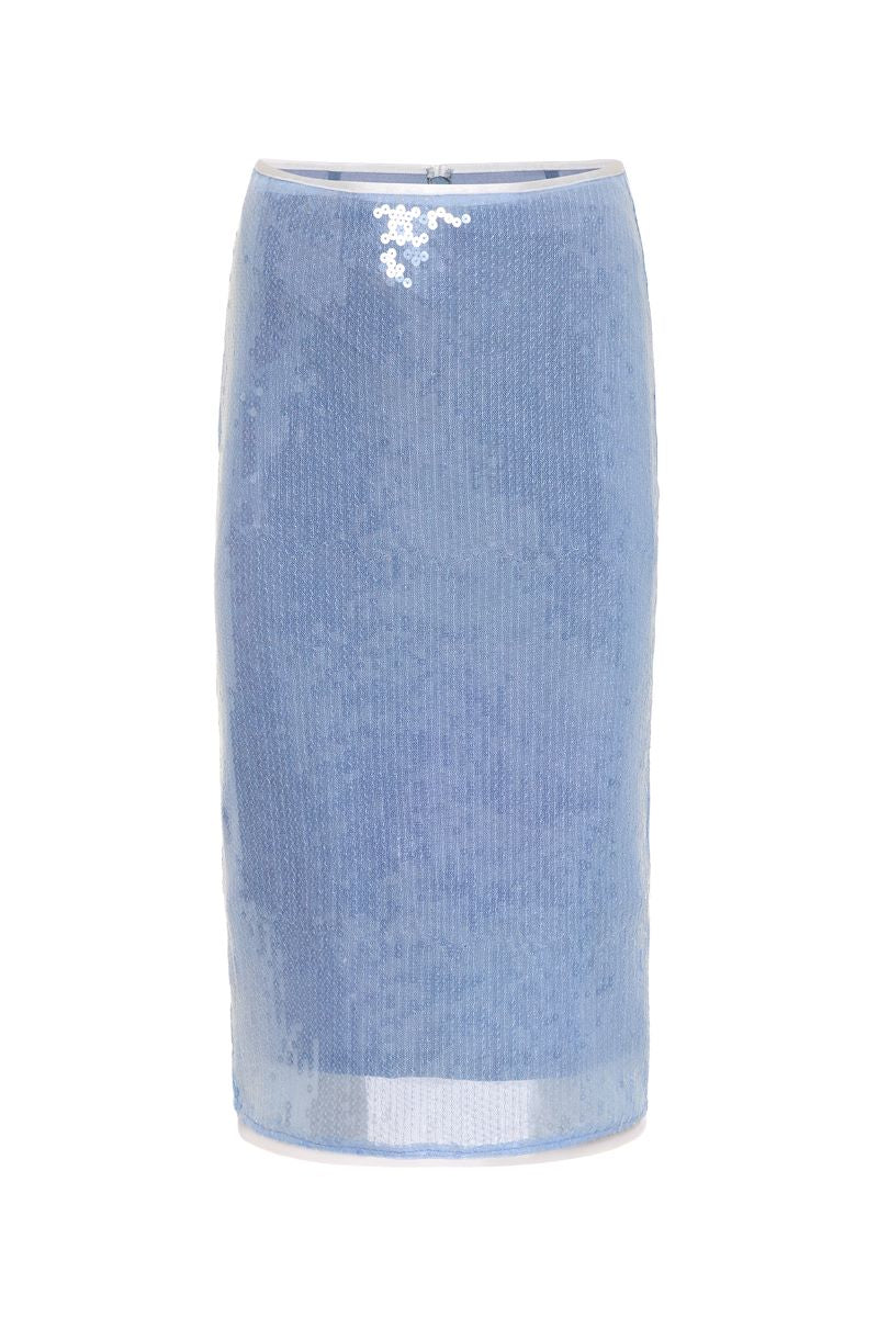 Blue water-themed midi skirt by IKINITA featuring flowing fabric and a stylish, modern design.