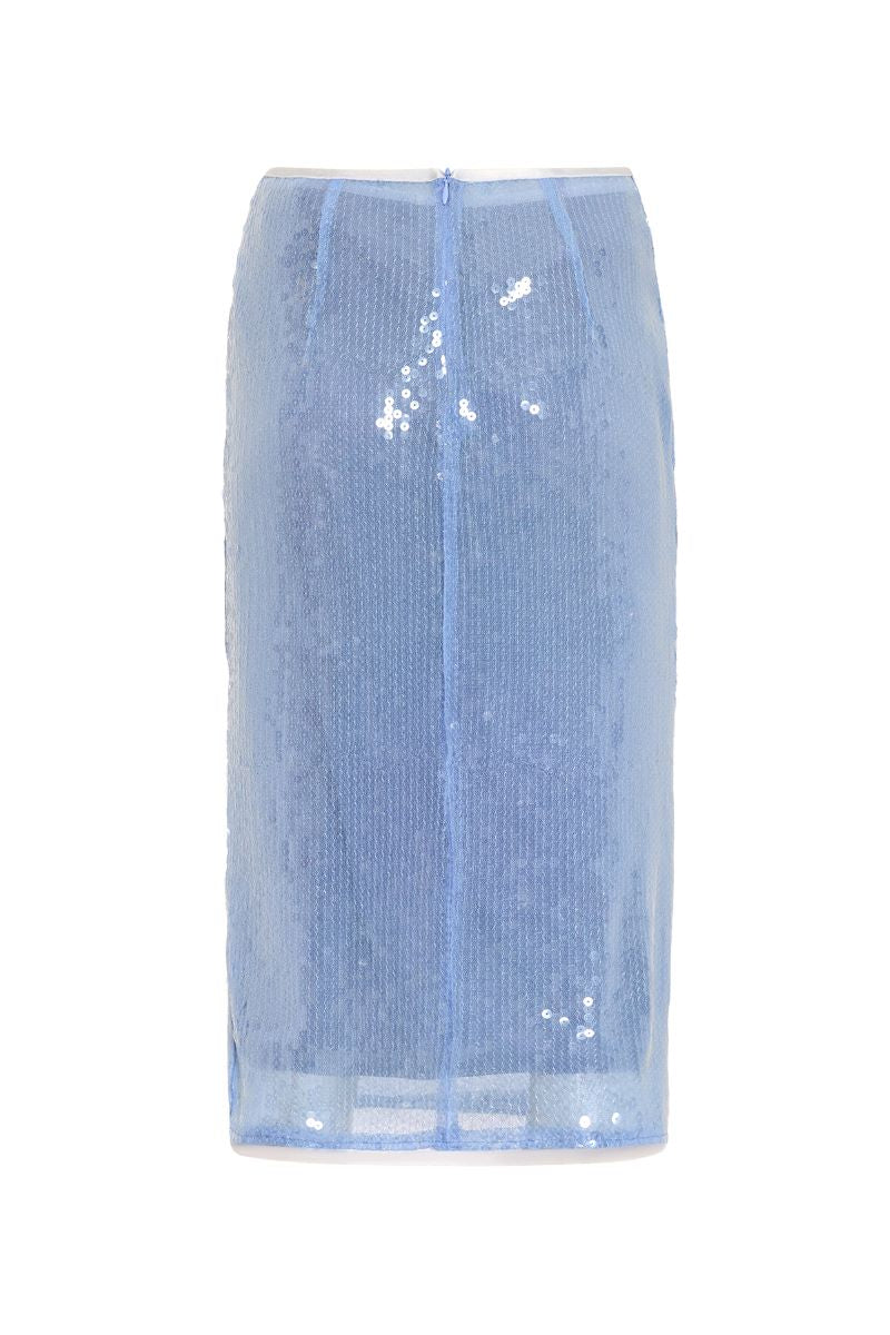 Blue water-inspired midi skirt by IKINITA, featuring flowing fabric and a stylish, elegant design.