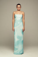 Blue water gown by IKINITA featuring flowing fabric and elegant design, perfect for special occasions.