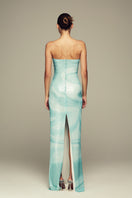 Blue water gown by IKINITA featuring flowing fabric and elegant design, perfect for formal occasions.