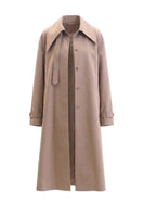 Elenareva taupe oversized trench coat displayed on a hanger, showcasing its classic design and stylish silhouette.