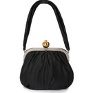 Black satin shoulder bag by Sarah's Bag featuring a detailed pomegranate design and elegant Bella shoulder style.