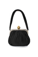 Black satin shoulder bag by Sarah's Bag featuring a detailed pomegranate design and elegant Bella shoulder style.