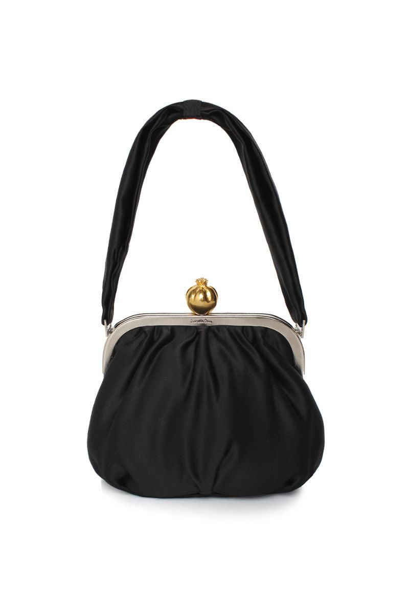 Black satin shoulder bag by Sarah's Bag featuring a detailed pomegranate design and elegant Bella shoulder style.