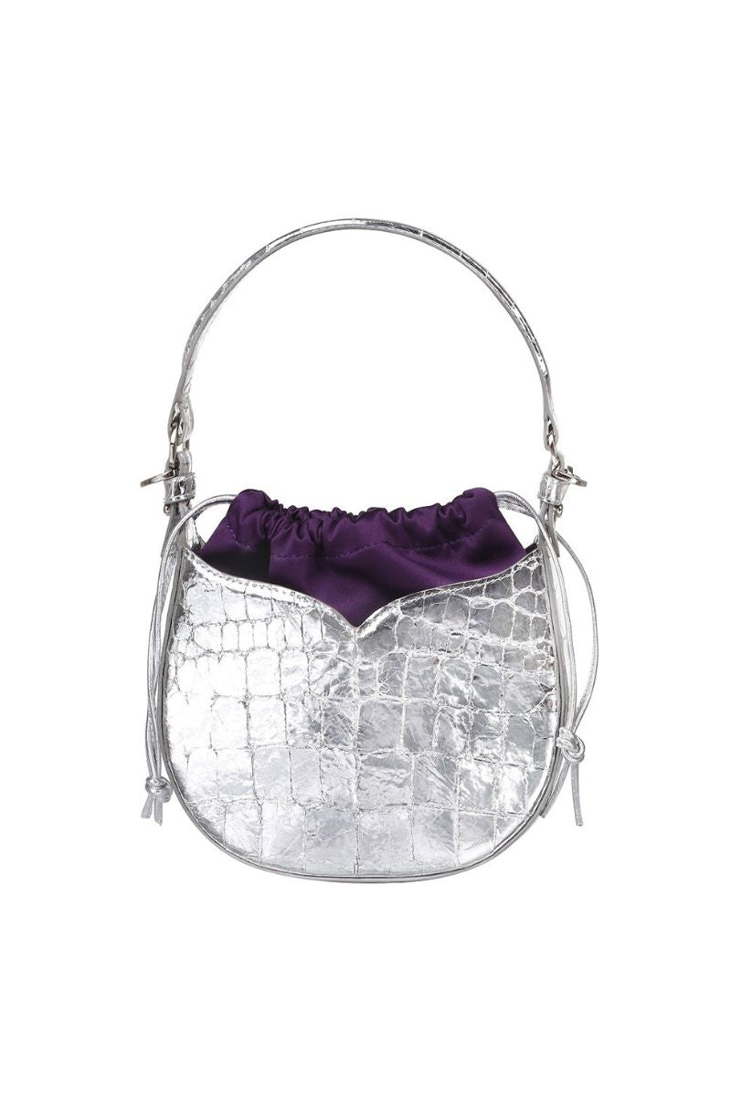 Silver Maria mini bag with top handle design from VIKELE STUDIO, showcasing a stylish and compact accessory for everyday use.