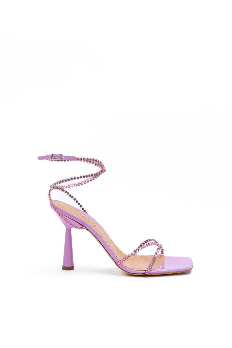 Kolane Kim rose pink crystal transparent sandals with open toes and strappy design, showcasing elegant style and sparkling accents.