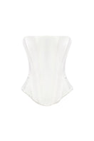 Off-white satin corset top by Monetre featuring structured design and adjustable straps, displayed on a neutral mannequin.