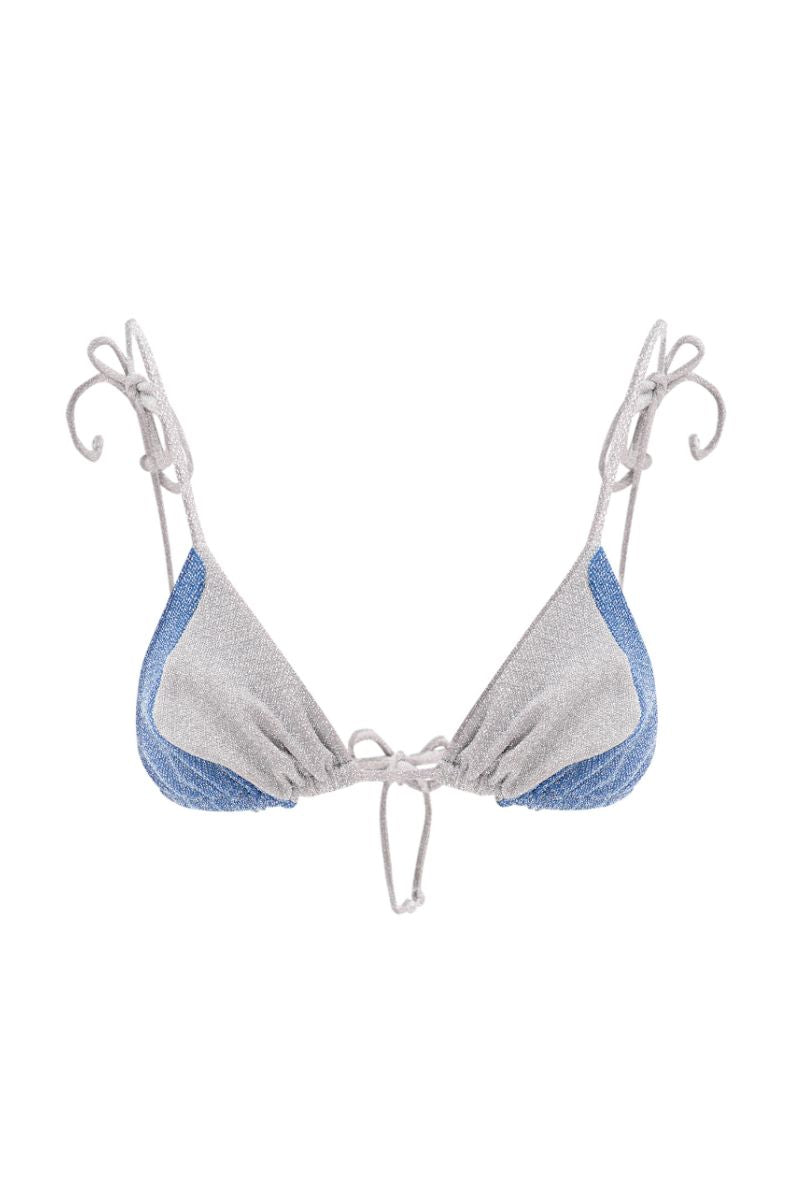 Suncillo Sophia bikini top in blue and silver gray with adjustable straps, featuring a stylish swimwear design for women.
