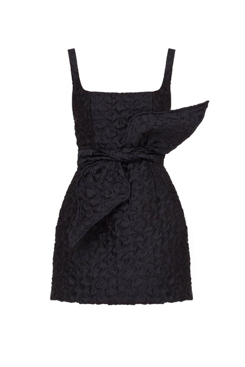 GOLDA BLACK TEXTURED FABRIC MINI DRESS WITH BOW BELT - CULT MIA