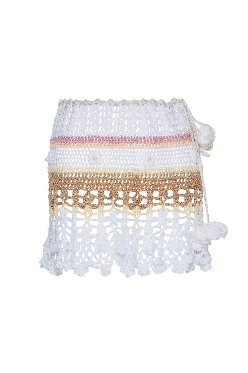 Multicolor handmade crochet mini skirt by Andreeva featuring a vanilla-colored design and intricate crochet pattern.
