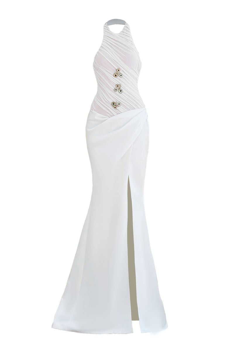 MUSHROOM LONG HALTER DRESS - CULT MIA