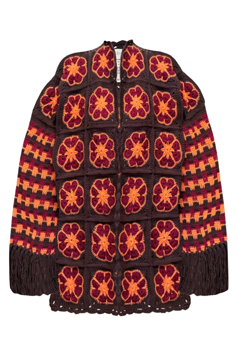 Jessica K brown cardigan jacket with a cozy, stylish fit, shown in a close-up image highlighting the soft fabric and classic design.