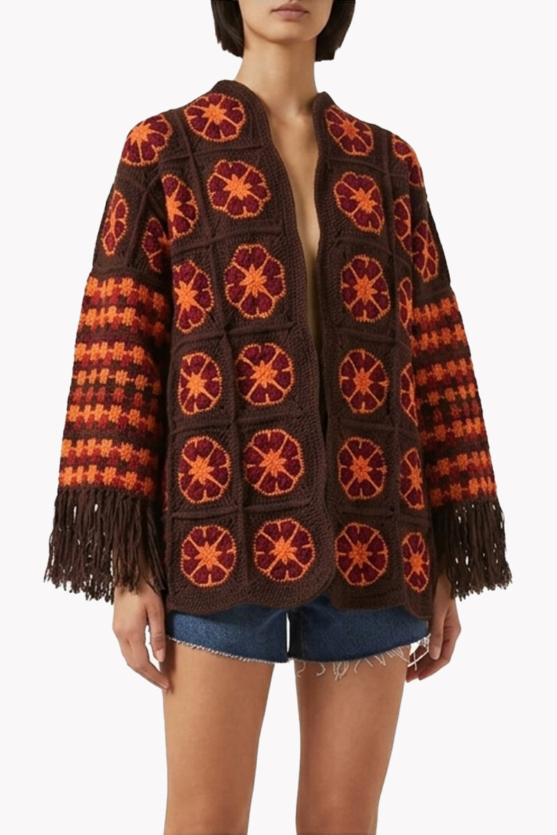 Jessica K brown cardigan jacket from the Imagine collection, showcasing a cozy, stylish knit with a front button closure.
